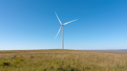 Wind turbine in grassy field, clear sky. Renewable energy