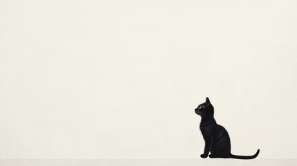 Fototapeta premium Black cat sitting, white background, minimalist design, pet website