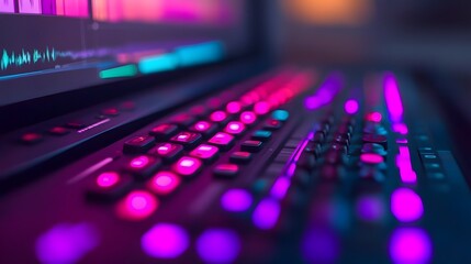 Obraz premium Vibrant Video Editing Workflow on Computer Screen with Colorful Visual Effects