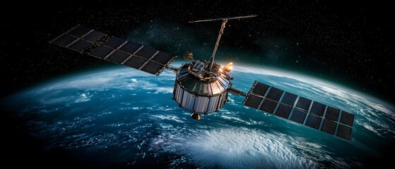 Satellite Orbiting Earth in Dark Space