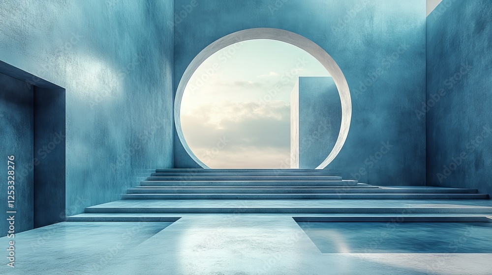 Poster minimalist architectural design featuring a circular opening framing a sky view in a monochromatic b