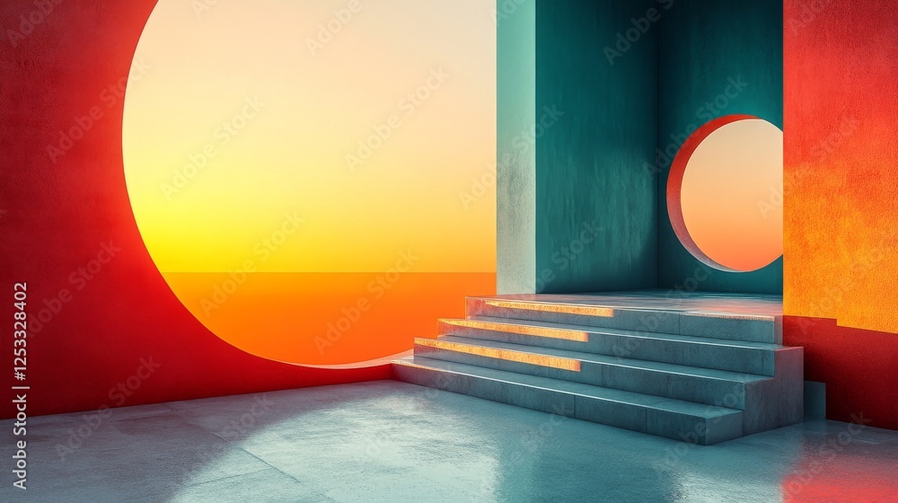 Poster architectural geometry, sunlit steps and circular windows in abstract space
