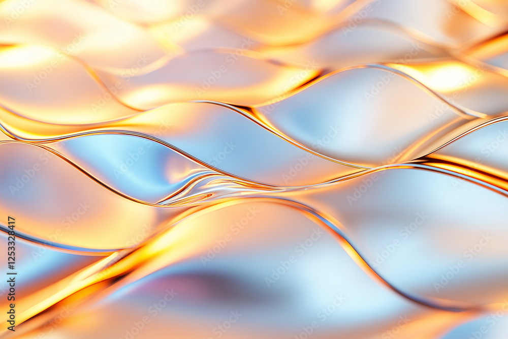 Poster shiny abstract background with flowing metallic waves in warm tones, creating dynamic and fluid text