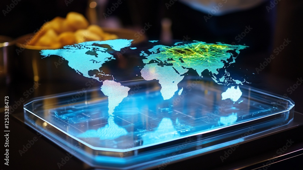 Poster holographic world map display on a futuristic transparent tablet in dark setting