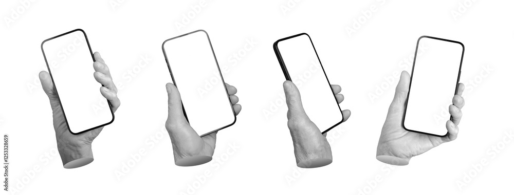 Poster senior hand holding smartphone with blank screen. wrinkled fingers gripping mobile device, mockup di