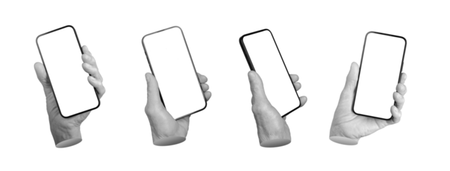 Senior hand holding smartphone with blank screen. Wrinkled fingers gripping mobile device, mockup display for app or advertisement. Isolated on white background.