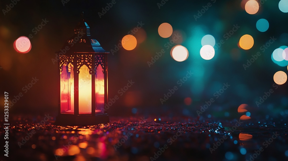 Poster glowing ramadan lantern with colorful lights at night, sparkling bokeh on ground creating a warm fes