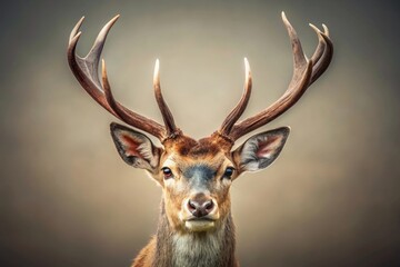 Naklejka premium Majestic Buck with Imposing Antlers, Gazing Directly at the Camera, Displaying its Striking Features and Noble Presence