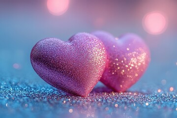 Fototapeta premium Sparkling Hearts: Two glittery pink hearts rest on a shimmering surface radiating affection and romance with a soft dreamy glow