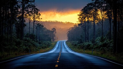 Fototapeta premium Scenic Road Through Lush Forest at Sunset