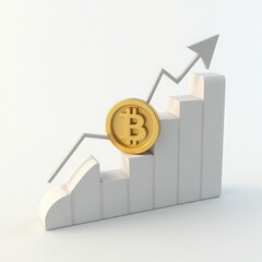 Golden Bitcoin Coins with Growing Graphs and Arrows Representing Cryptocurrency Market Growth, Financial Investment Success, Blockchain Technology, and Digital Currency Trading on White Background