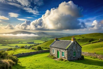 Obraz premium Serene Stone Cottage on Rolling Green Hills Under a Dramatic Sky