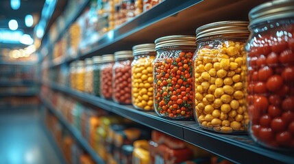 Obraz premium Colorful Jars of Snacks and Preserved Foods on Grocery Store Shelf