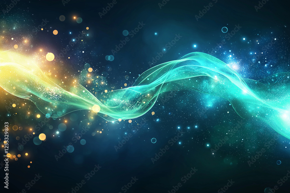 Poster glowing waves of blue and green create mesmerizing abstract background filled with sparkling lights 