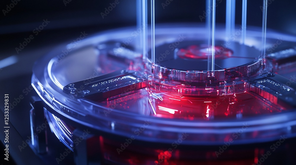 Poster futuristic technology interface with glowing red and blue light detail 3d rendering