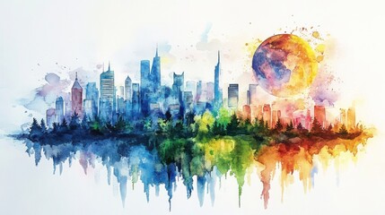 Obraz premium A vibrant watercolor cityscape featuring skyscrapers under a colorful sky with a large sun, reflecting a serene blend of nature and urban life.