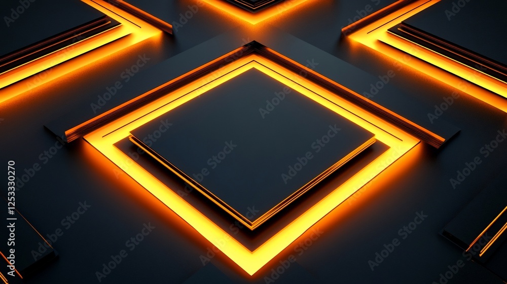 Poster abstract geometric design with glowing orange lines and black square panels creating a modern patter
