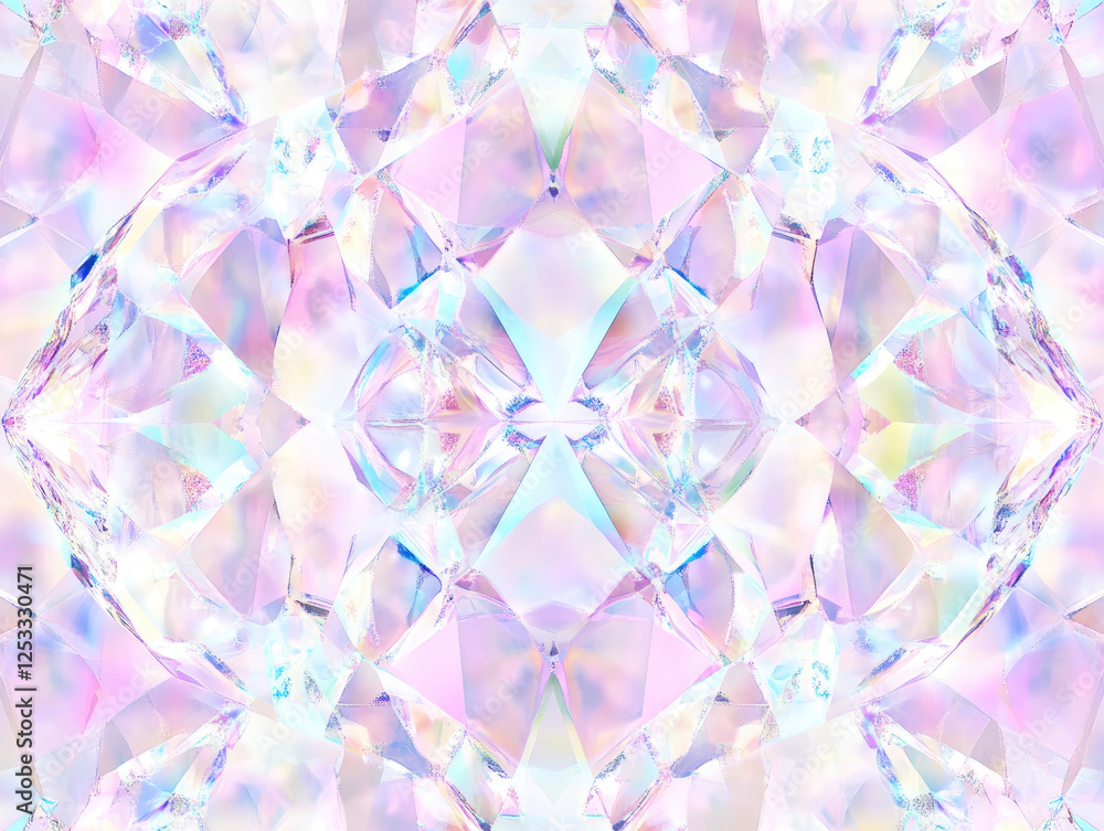 Poster seamless pastel holographic pattern with kaleidoscope effect, featuring soft pink and iridescent col