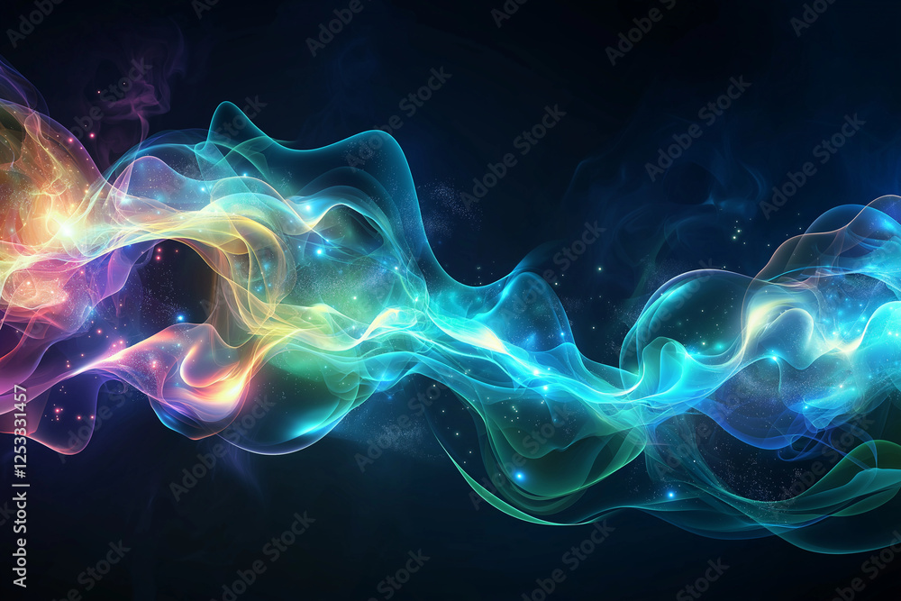Poster vibrant abstract background featuring glowing waves of blue and green, creating mesmerizing visual e