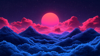 Fototapeta premium Surreal Dreamlike Landscape with Neon Clouds and a Glowing Pink Sun 