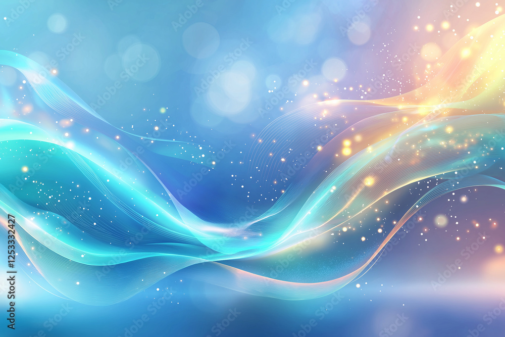 Poster glowing waves of blue and green create mesmerizing abstract background, filled with soft bokeh light