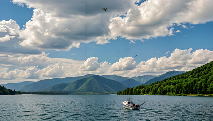 Fototapeta premium Le lac des montagnes sous un ciel nuageux