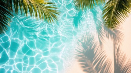 Fototapeta na wymiar A bird's eye view of the beach with palm leaves and palm tree shadows on the sand and turquoise water, suitable for product backgrounds, summer vacation concept