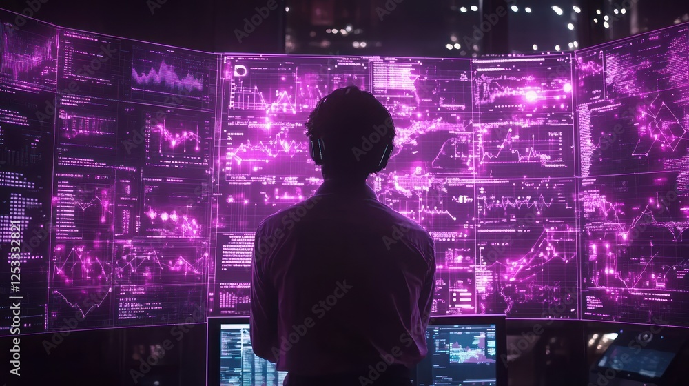 Poster person viewing extensive data on multiple screens