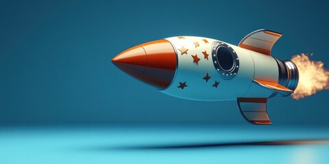 Fototapeta premium Retro Rocket Launching into the Azure Sky: A Whimsical 3D Render of Space Exploration