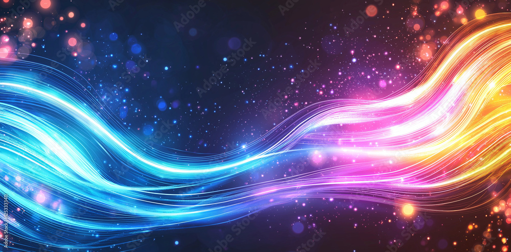 Poster vibrant abstract background featuring neon blue and pink light streaks with sparkling bokeh effects,