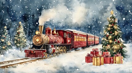 A vintage steam train travels through a snowy landscape, adorned with a Christmas tree and colorful gifts, evoking a festive holiday spirit.