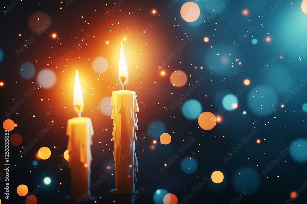 Poster softly glowing candles illuminate dark background filled with colorful bokeh lights, creating warm a
