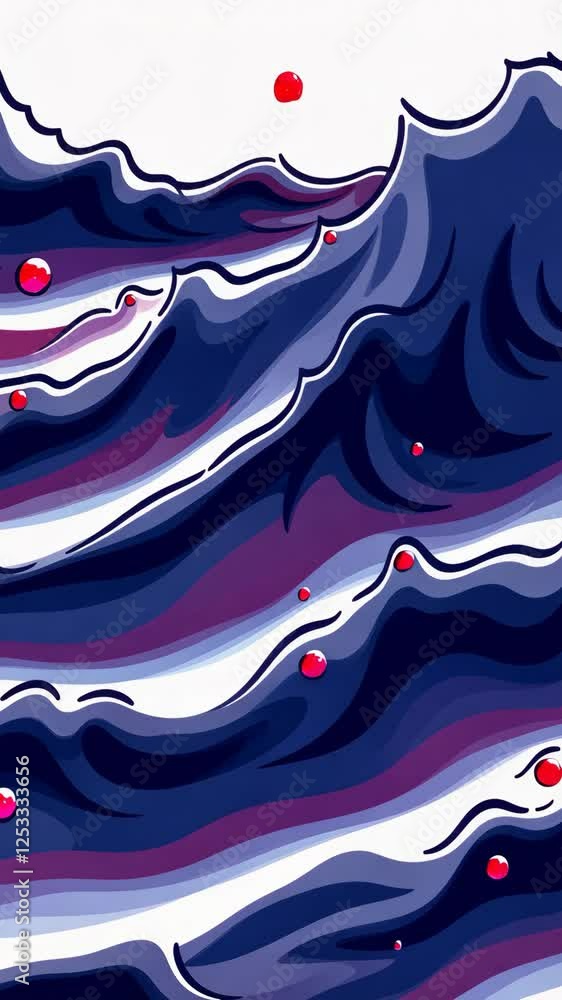 Aufkleber a blue and white ocean wave with red dots on it. the dots are scattered throughout the wave