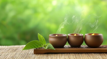 Three steaming pots on a wooden tray, surrounded by green leaves, set against a soft, natural background, creating a serene ambiance.