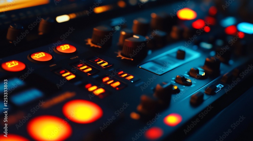 Poster close-up of a professional dj mixing console with glowing buttons and knobs
