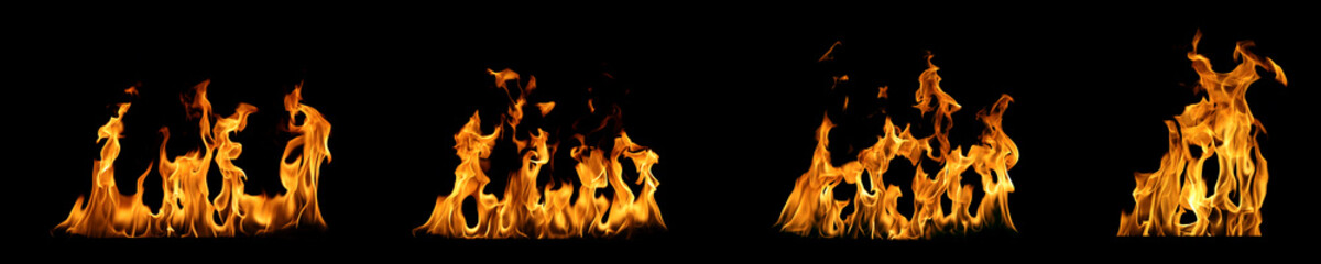 
Flames collection. Flames at night on black background. Fire images for background and design.