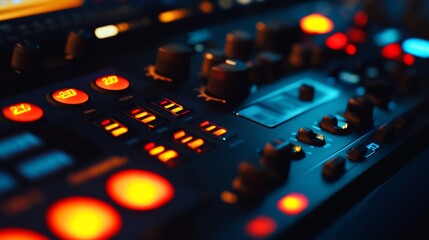 Obraz premium Close-up of a professional DJ mixing console with glowing buttons and knobs