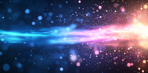 Fototapeta premium Vibrant abstract background featuring neon blue and pink light streaks with sparkling particles. This dynamic composition evokes sense of energy and movement