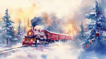 A vibrant winter scene featuring a classic steam train chugging through snowy landscapes, surrounded by frosty trees and a colorful sky.