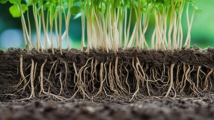 Fototapeta premium A sprawling system of deep brown roots stretches through the soil, forming an intricate and rustic natural texture.