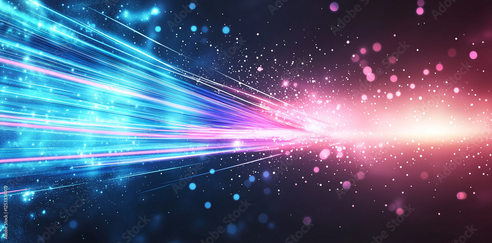 Poster vibrant abstract background featuring glowing neon blue and pink lines with sparkling particles, cre