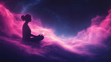 A silhouette of a meditating figure surrounded by vibrant cosmic colors, symbolizing tranquility and connection to the universe.