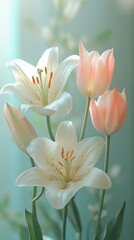 Fototapeta premium Soft pastel bouquet of white lilies and pink tulips in dreamy light