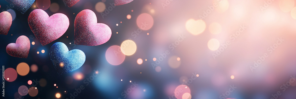 Poster colorful hearts with sparkling effect float against dreamy background, creating romantic atmosphere 