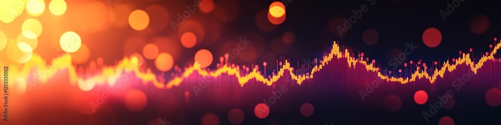 Poster upward trending line chart with glowing red and orange gradient on a dark background with bokeh