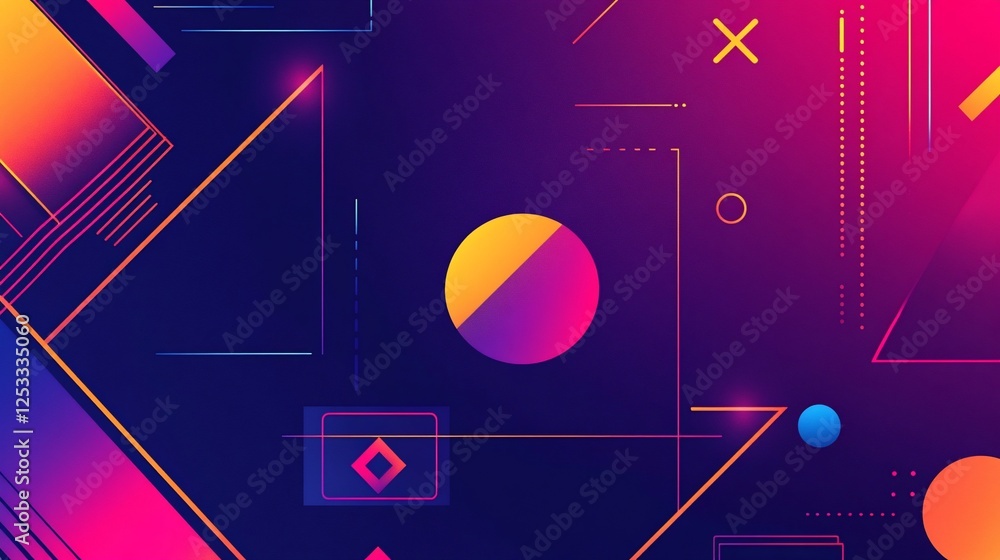 Poster abstract geometric shapes in gradient colors on a dark blue background with geometric lines