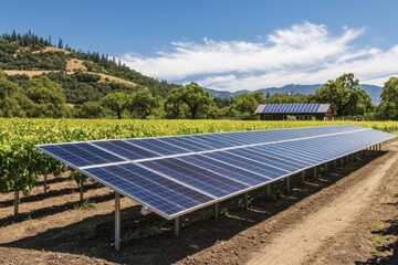 Solar Panels Installed in Vineyard Under Bright Blue Sky and Green Hills