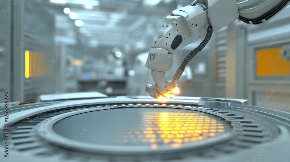 Poster advanced robotic arm performing intricate tasks in a high tech laboratory setting, showcasing cuttin