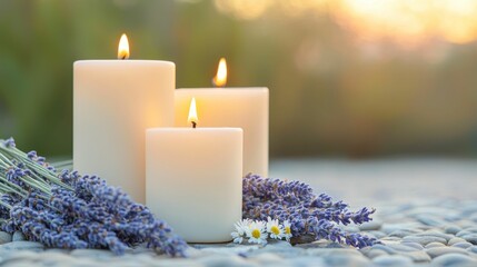 Three white candles lit beside lavender flowers on pebbles, creating a serene and calming atmosphere with a soft, warm glow.