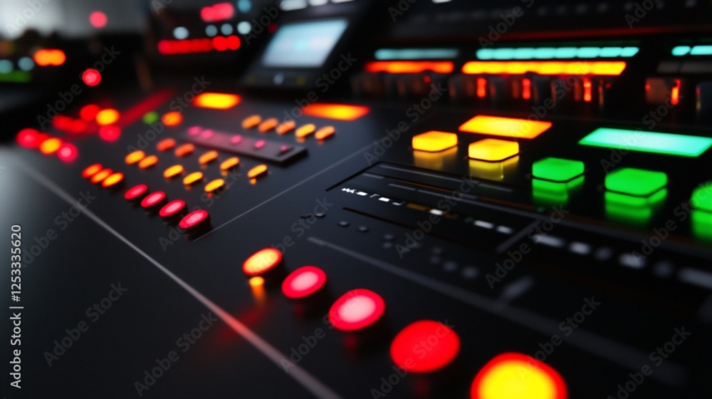 Poster close up view of a sleek modern control panel with colorful buttons and lights